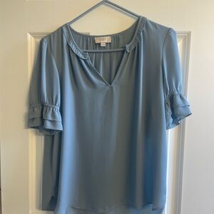 LOFT Blue Ruffled Short Sleeve Blouse
